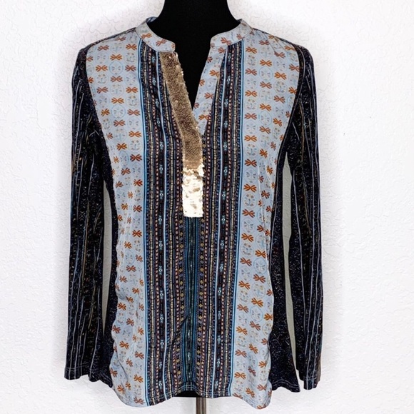 Anthropologie Tops - Anthropologie Tiny black blue floral gold sequin neck top size Small